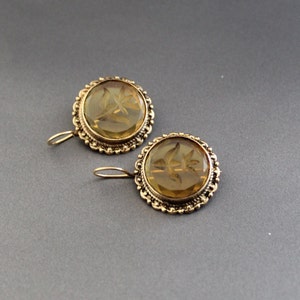 Intaglio Earrings, Yellow Earrings, Vintage Art Deco Earrings, Handmade Jewelry, Antique Victorian, Dainty Gold Earrings, Gift for Mom
