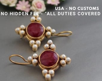 Handmade Ruby Pearl Art Deco Earrings, Red earrings, Vintage Bridal Jewelry
