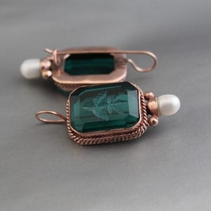 Green Glass Intaglio Earrings: Rose Gold Victorian Art Deco Jewelry