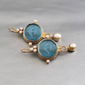 Blue Intaglio Earrings, Victorian Vintage Earrings, Handmade Italian Greek Design, Ancient Roman Art, Carved Bridesmaid Minimalist Earrings