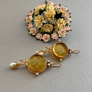 Intaglio Earrings, Yellow Earrings, crystal jewelry, Vintage Earring, Victorian earrings, summer jewelry, Handmade earrings, Gold earrings