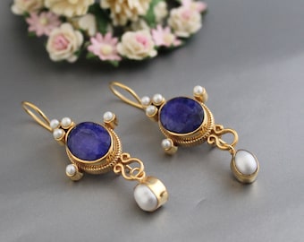 Sapphire Earrings, Blue Earrings, Edwardian Pearl Earring, handmade Jewellery, 18K Gold Earrings, Art Nouveau Jewelry, best friend gift