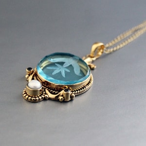 Intaglio Necklace, Blue Necklace, Antique Gold Victorian Necklace, Handmade Jewelry, Dainty Necklace, Simple Necklace, Necklaces for women