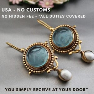 Handmade Gold Intaglio Earrings: Blue Quartz & Pearl Drop Earrings