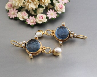 Intaglio Earrings, Blue Earrings, Dainty Gold Earrings, Antique Cameo Earrings, Bridesmaids Giftd, Boho Handmade Jewelry, Antique Victorian