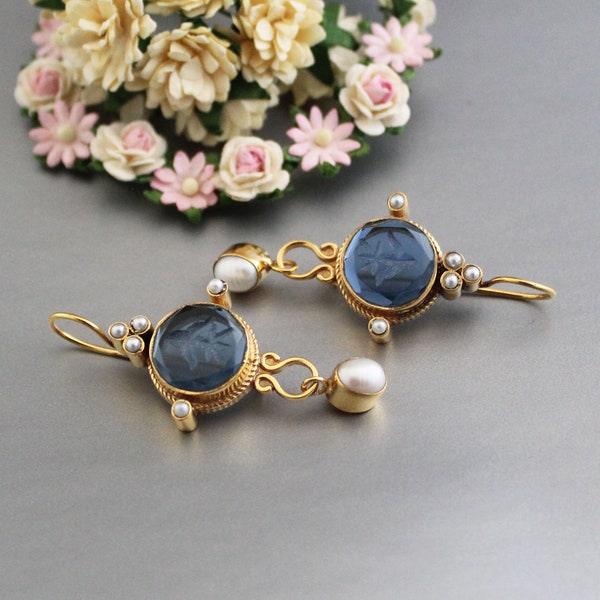 Intaglio Earrings, Blue Earrings, Dainty Gold Earrings, Antique Cameo Earrings, Bridesmaids Giftd, Boho Handmade Jewelry, Antique Victorian
