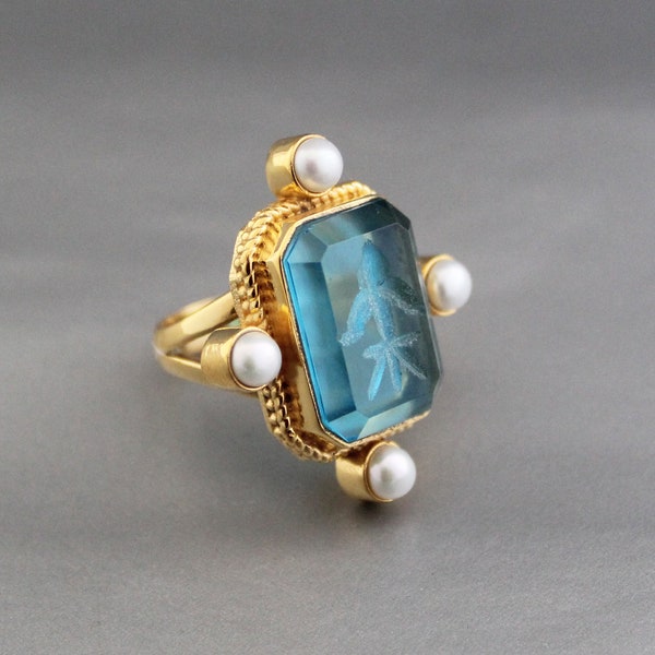 Intaglio Ring, Blue Crystal ring, Vintage Antique Jewelry, Dainty Gold Ring, Victorian Jewelry, Bridesmaid gifts, handmade, Statement