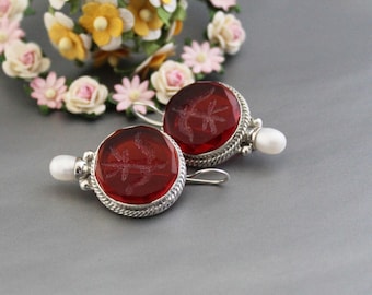 Red Crystal Intaglio Earrings, Fleur-de-lis Victorian Style, silver gold earring, earrings forher, Mothers day gift,