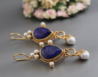 Sapphire Earrings, Blue Earrings, Edwardian Pearl Earring, Wedding Earrings, 18K Gold Earrings, Art Nouveau Jewelry, Anniversary gifts