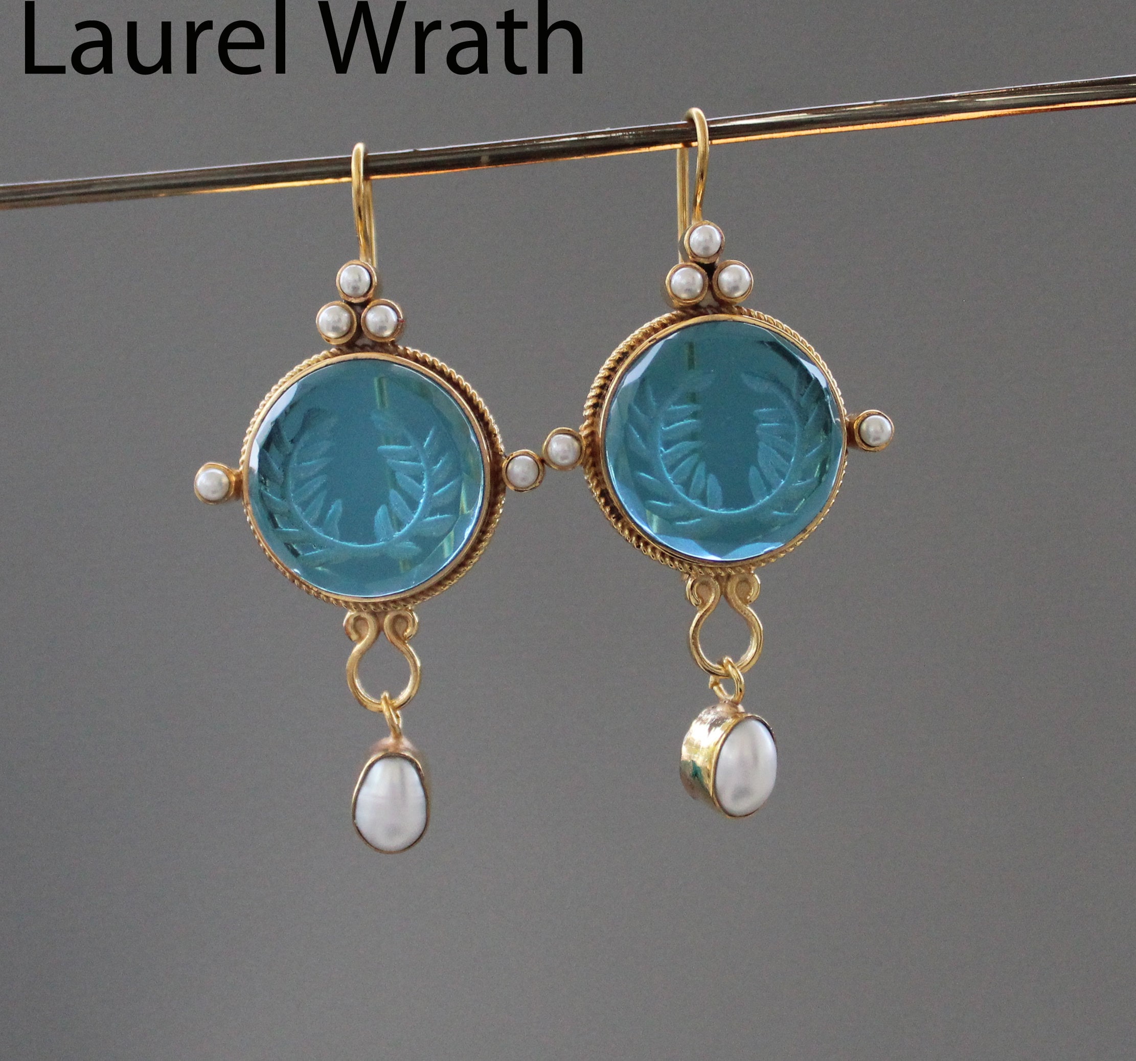 Blue Glass Intaglio Earrings: Gold Laurel Wreath Victorian Blue Glass Intaglio Earrings: Gold Laurel Wreath Victorian