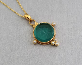 Green Glass Intaglio Necklace, Gold Victorian Style Pendant, Greek Roman art Deco
