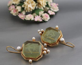 Green Square Intaglio Earrings, 1920s Art Deco Style Carved Glass Pearl Drops, Gold Plated