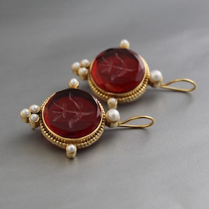Intaglio Earrings, Red Earrings, 18K Gold Earrings, Victorian Jewelry, Personalized Gifts, Gift For Her, Wedding Earrings, Bridal Earrings