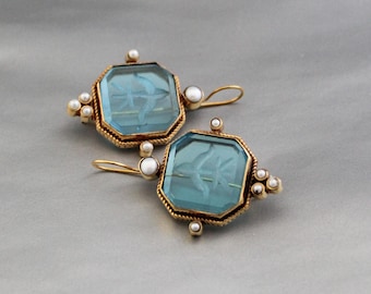 Blue Square Intaglio Earrings, Greek Roman Style Carved Glass Dangles, Gold Plated