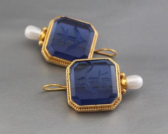 Vintage Indigo Blue Intaglio Earrings, Gold Antique Jewelry, Victorian Bridesmaid Proposal Gift