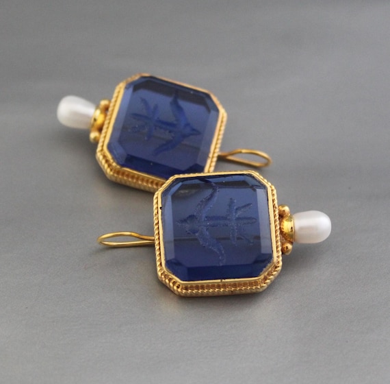 Vintage Indigo Blue Intaglio Earrings: Gold Antique Jewelry