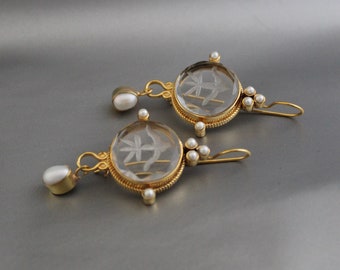 Clear Crystal Intaglio Earrings, Intaglio Crystal Earrings, Vintage Earrings, Handcrafted Intaglio Jewelry, Antique Jewelry,Gemstone Jewelry