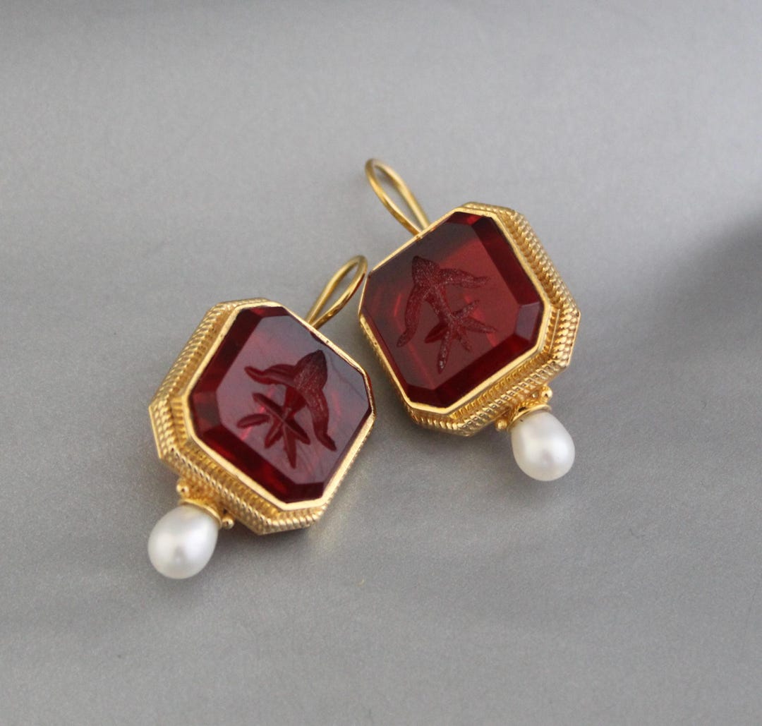 Red String Intaglio Fleur De Lys Intaglio Earrings – Red Carved Glass With Pearl – Gold ...