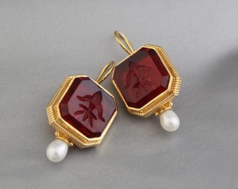Fleur De Lys Intaglio Earrings, Red Earrings, gold statement earring, bridal earrings gold, 14k gold earrings
