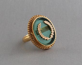 Green Intaglio Cocktail Ring, Victorian Statement Ring, Carved Glass Signet Cocktail Ring, Gold Plated
