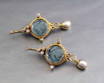 Intaglio Earrings, Small Blue Quartz Earrings, Vintage Earrings, 1920s Intaglio, Antique Jewelry, Gold Earrings, Intaglio Jewelry