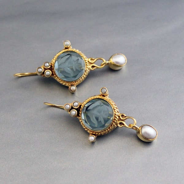 Intaglio Earrings, Small Blue Quartz Earrings, Vintage Earrings, 1920s Intaglio, Antique Jewelry, Gold Earrings, Intaglio Jewelry