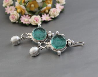 Green Glass Intaglio Earrings, Vintage Art Deco Style, chandelier earrings, Classic Art Deco earrings