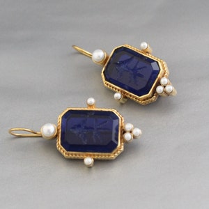 Blue Intaglio Earring, Antique Crystal Earring, Vintage Jewelry, Victorian Jewelry, Wedding Earring, Ancient Jewelry, Handmade Jewelry
