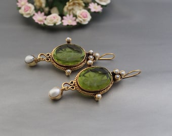 Green Intaglio Earrings, Crystal Earrings, Vintage Earrings, Antique Jewelry, Wedding Earrings, Gold earrings, Art Deco Jewelry,Gift for Her