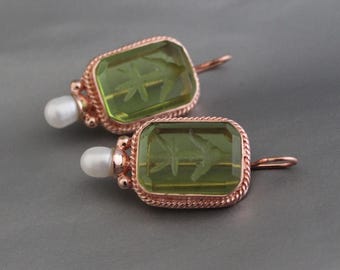 Green Glass Intaglio Earrings, Rose Gold Victorian Bridal Jewelry, Anniversary Gift for Her, Handmade Jewelry, Vintage Jewelry