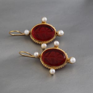 Intaglio Earrings, Red Crystal Earrings, Vintage Earrings, Gold Victorian Earrings, Venetian Glass Intaglio, cameo jewellery, Gift for Her