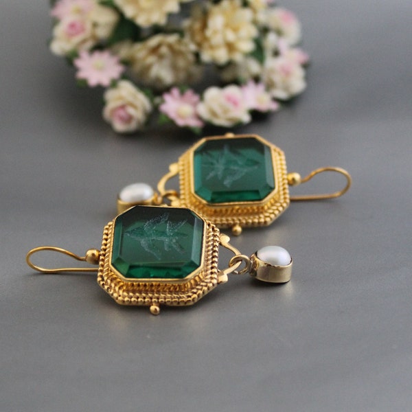 Pendientes Intaglio, Pendientes verdes, Pendientes de oro de 18K, Joyería antigua hecha a mano, Pendientes de estilo eduardiano