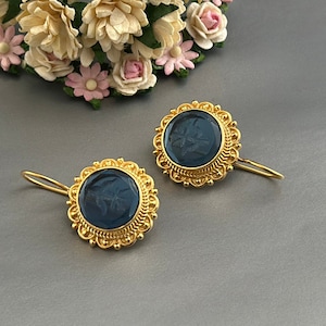 Intaglio Earrings, Small Blue Earrings, Vintage Victorian Jewelry, Venetian Glass Intaglio, Dainty Gold Earrings, Ancient Roman Art Earring