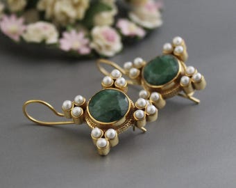 Art Deco Emerald Pearl Earrings, 18K Gold Vermeil Brass, Vintage Bridal Jewelry
