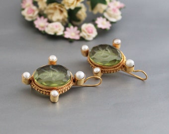 Intaglio Earrings, Green Earrings, Edwardian Jewelry, Vintage Antique Victorian Jewelry, Pearl Earrings, Bridal Handmade Jewelry