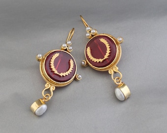 Intaglio Jewelry, red earings crystal-earrings, laurel wreath design, handmade earrings gold, bridesmaid gold earrings