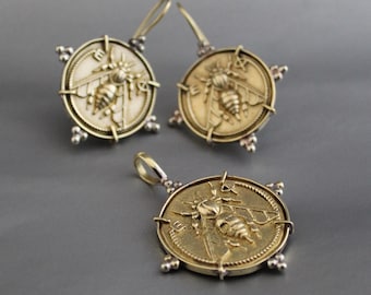 Brass Honeybee Coin Necklace Set, Victorian Style Earrings, Bee Intaglio Earrings, Greek Style Gold Earrings