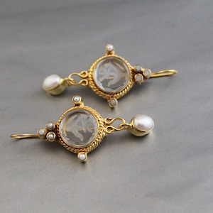 Clear Crystal Earrings, Small Intaglio Earrings, Gold Wedding Earrings, Bridesmaid Gift, Antique Jewelry, Wedding Jewelry, Handmade Jewelry