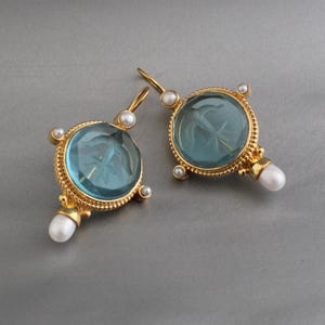 Intaglio Earrings, Blue Earrings, Vintage Earrings, 1920s Intaglio, Antique Jewelry, Gold Earrings, Intaglio Jewelry, Personalized Gifts