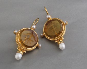 Yellow Glass Intaglio Earrings, gold earrings gift for mom, vintage styles wedding earrings, gold statement earring