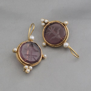 Intaglio Earrings, Purple Earrings, Vintage Victorian Jewelry, Handmade Jewelry, Gold Wedding Earring, Antique Ancient, Best holiday gifts