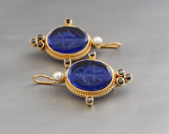 Intaglio Earrings, Indigo Blue Earrings, Vintage Earrings, Boho Antique Victorian, Wedding Jewelry, 18K gold Earrings, Edwardian Earrings