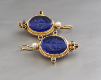 Fleur De Lys Intaglio Earrings, blueearrings, vintage gold earrings, gold filled earrings, vintage-style earrings