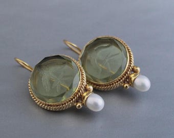 Olive Green Intaglio Crystal Earrings, Vintage Art Deco Gold Pearl Jewelry