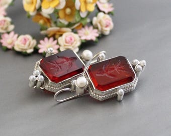 Red Intaglio Earrings, Vintage Carved Glass Dangles, Handmade jewelry, gold bridal earrings drop, personalized gold earring