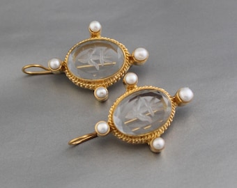 Clear Intaglio Earrings, Gold Plated Drop with Pearls, Vintage Carved Glass Jewelry, Elegant Regal Gift for Her, Fleur De Lys