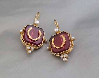 Gold Plated Intaglio Glass Earrings, Red Laurel Wreath, Victorian Style Bridal Jewelry