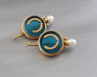 Turquoise Oval Intaglio Earrings, Victorian Style Carved Glass Dangles, Gold Plated