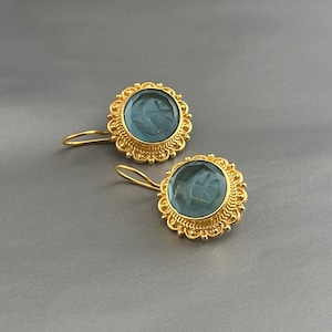 Intaglio Glass Earrings, Small Blue Earrings, Dainty Gold Earrings, Vintage Antique Earring, Victorian Handmade Jewelry, Greek Roman Art