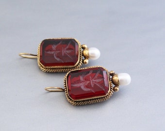 Intaglio Earrings, Red Earrings, Vintage Antique Victorian Jewelry, Gold Wedding, Boho Chic Statement Jewelry, Edwardian Art Deco Earrings,